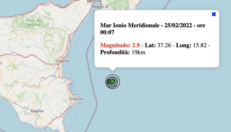 Terremoto in Sicilia oggi, venerdì 25 febbraio 2022: scossa M 2.9 Mar Ionio | Dati INGV