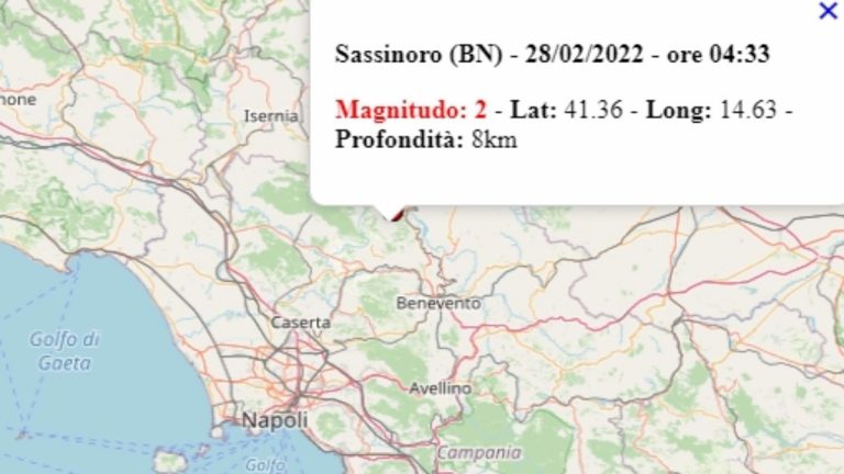 Terremoto in Campania oggi, 28 febbraio 2022, scossa M 2.0 in provincia di Benevento | Dati Ingv