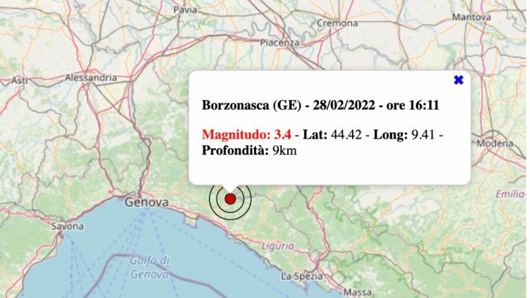 Terremoto in Liguria oggi, lunedì 28 febbraio 2022: scossa M 3.4 in provincia di Genova | Dati INGV