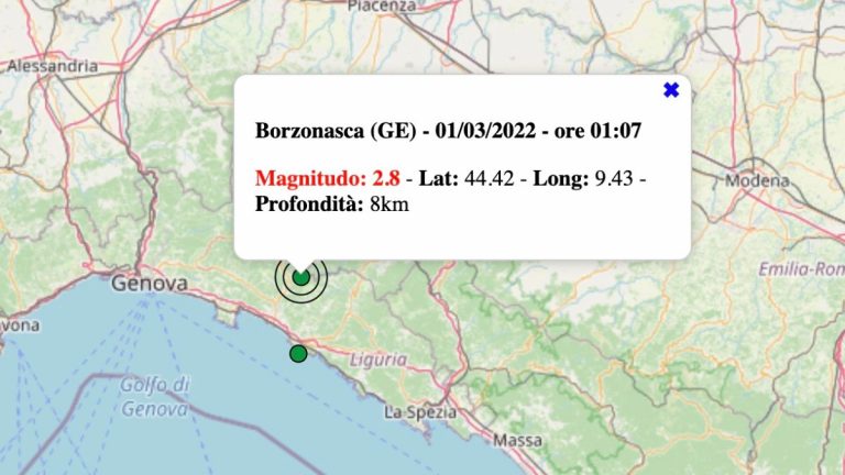 Terremoto in Liguria oggi, martedì 1 marzo 2022: scossa M 2.8 in provincia di Genova – Dati INGV Terremoto in Liguria oggi, martedì 1 marzo 2022: scossa M 2.8 in provincia di Genova – Dati INGV