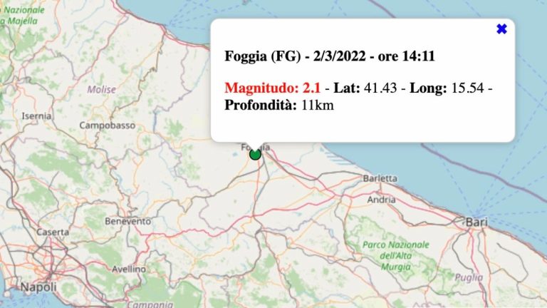 Terremoto in Puglia oggi, mercoledì 2 marzo 2022: scossa M 2.1 a Foggia | Dati INGV