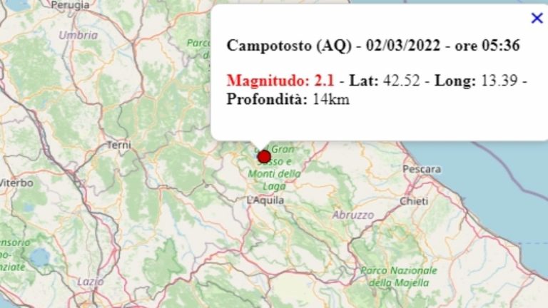 Terremoto in Abruzzo oggi, 2 marzo 2022: scossa M 2.1 in provincia dell’Aquila | Dati Ingv