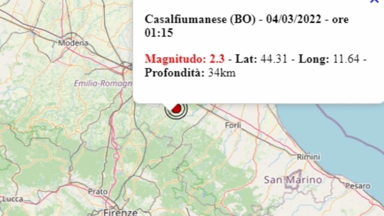 Terremoto in Emilia Romagna oggi, 4 marzo 2022, scossa M 2.3 in provincia di Bologna – Dati Ingv