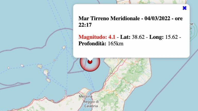 Terremoto in Calabria oggi, venerdì 4 marzo 2022: scossa M 4.1 Mar Tirreno Meridionale | Dati INGV