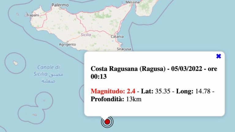 Terremoto in Sicilia oggi, sabato 5 marzo 2022: scossa M 2.4 sulla Costa Ragusana – Dati INGV Terremoto in Sicilia oggi, sabato 5 marzo 2022: scossa M 2.4 sulla Costa Ragusana – Dati INGV