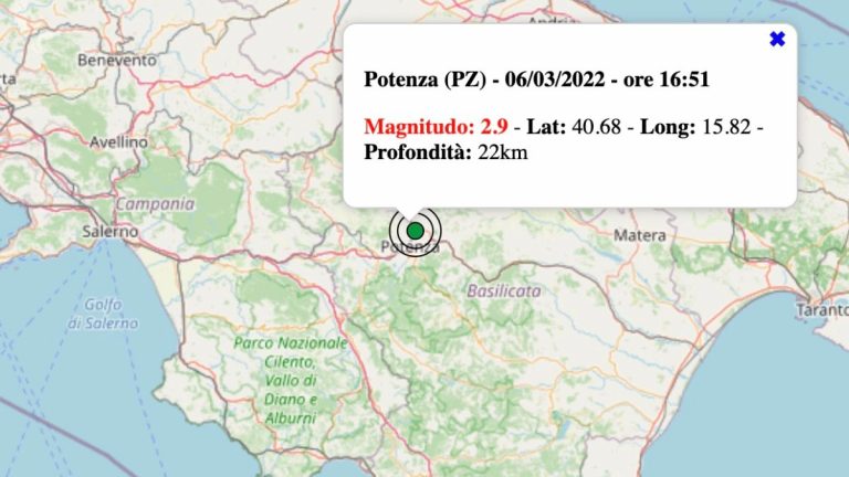 Terremoto in Basilicata oggi, domenica 6 marzo 2022: scossa M 2.9 a Potenza | Dati INGV