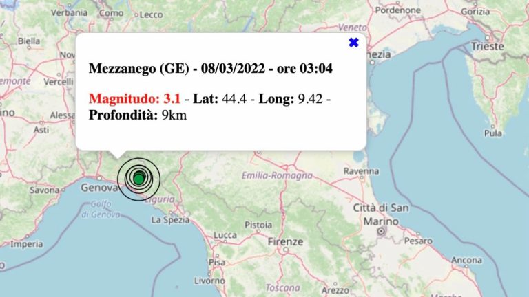 Terremoto in Liguria oggi, martedì 8 marzo 2022: scossa M 3.1 in provincia di Genova – Dati INGV