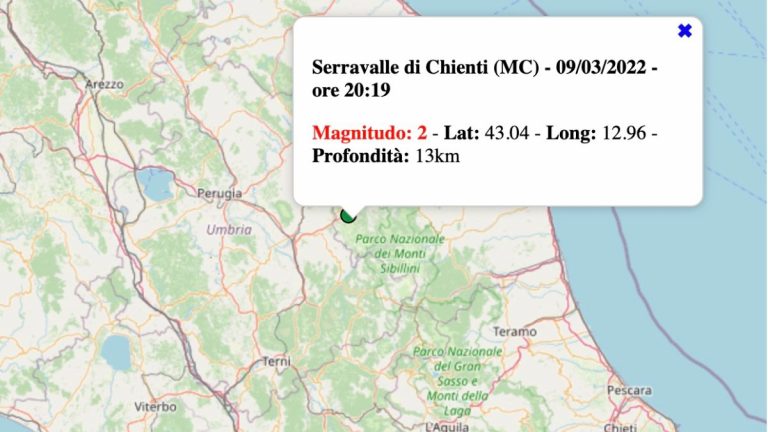 Terremoto nelle Marche oggi, mercoledì 9 marzo 2022: scossa M 2.0 in provincia di Macerata | Dati INGV