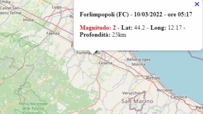 Terremoto in Emilia Romagna oggi, 10 marzo 2022, scossa di M 2.0 in provincia Forlì Cesena – Dati Ingv