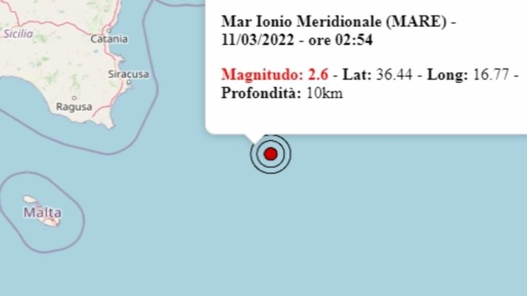 Terremoto in Italia oggi, 11 marzo 2022: scossa M 2.6 sul mar Ionio – Dati Ingv Terremoto in Italia oggi, 11 marzo 2022: scossa M 2.6 sul mar Ionio – Dati Ingv