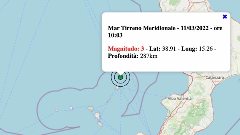 Terremoto in Italia oggi, venerdì 11 marzo 2022: scossa M 3.0 Mar Tirreno Meridionale | Dati INGV