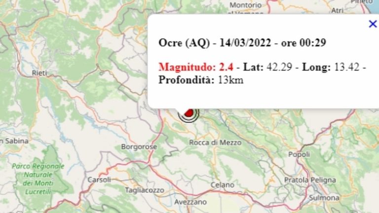 Terremoto in Abruzzo oggi, 14 marzo 2022: scossa M 2.4 in provincia de L’Aquila | Dati INGV
