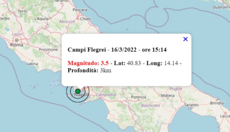Terremoto oggi Campania, 16 marzo 2022: scossa M 3.5 ai Campi Flegrei – Dati INGV Terremoto oggi Campania, 16 marzo 2022: scossa M 3.5 ai Campi Flegrei – Dati INGV