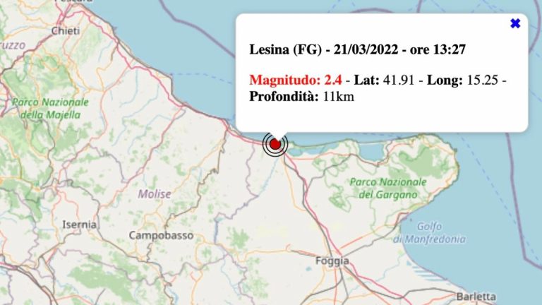 Terremoto in Puglia oggi, lunedì 21 marzo 2022: scossa M 2.4 in provincia di Foggia | Dati INGV Terremoto in Puglia oggi, lunedì 21 marzo 2022: scossa M 2.4 in provincia di Foggia | Dati INGV