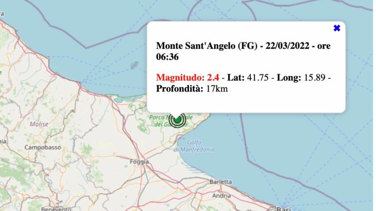 Terremoto in Puglia oggi, martedì 22 marzo 2022: scossa M 2.4 in provincia di Foggia – Dati INGV Terremoto in Puglia oggi, martedì 22 marzo 2022: scossa M 2.4 in provincia di Foggia – Dati INGV