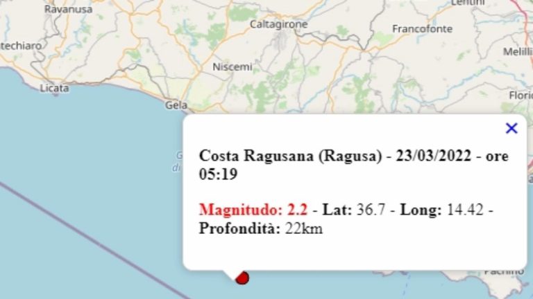 Terremoto in Sicilia oggi, mercoledì 23 marzo 2022: scossa M 2.2 in provincia di Ragusa | Dati INGV