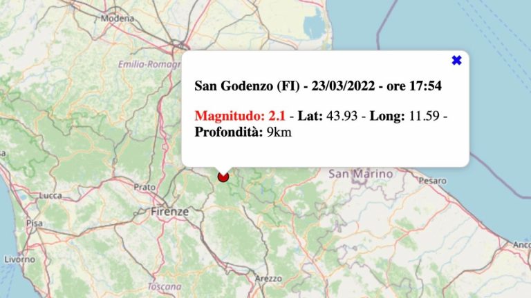 Terremoto in Toscana oggi, mercoledì 23 marzo 2022: scossa M 2.1 in provincia di Firenze | Dati INGV