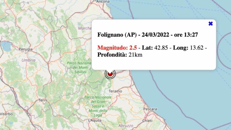 Terremoto nelle Marche oggi, giovedì 24 marzo 2022: scossa M 2.5 in provincia Ascoli Piceno | Dati Ingv