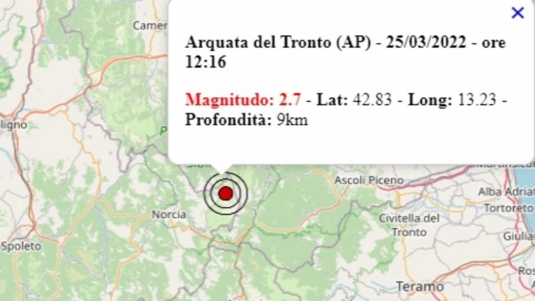 Terremoto nelle Marche oggi, 25 marzo 2022: scossa M 2.7 in provincia di Ascoli Piceno – Dati Ingv