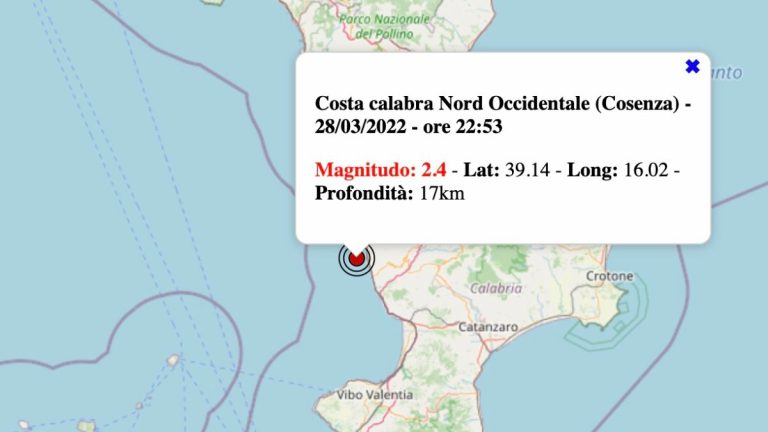 Terremoto in Calabria oggi, lunedì 28 marzo 2022: scossa M 2.4 Costa Calabra | Dati INGV