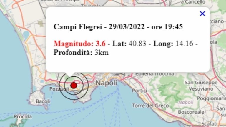 Terremoto in Campania oggi, 29 marzo 2022, scossa M 3.6 avvertita ai Campi Flegrei, in provincia di Napoli – Dati Ingv