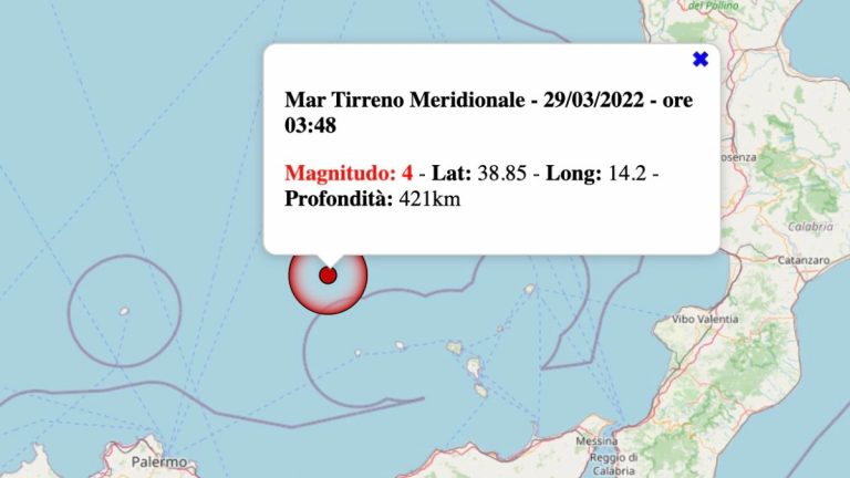 Terremoto in Sicilia oggi, martedì 29 marzo 2022: scossa M 4.0 Mar Tirreno Meridionale | DatI INGV