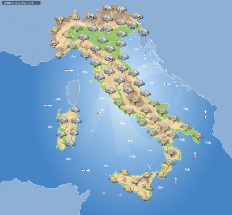 PREVISIONI METEO domani 31 marzo: ancora maltempo in ITALIA con piogge e temporali su molte regioni