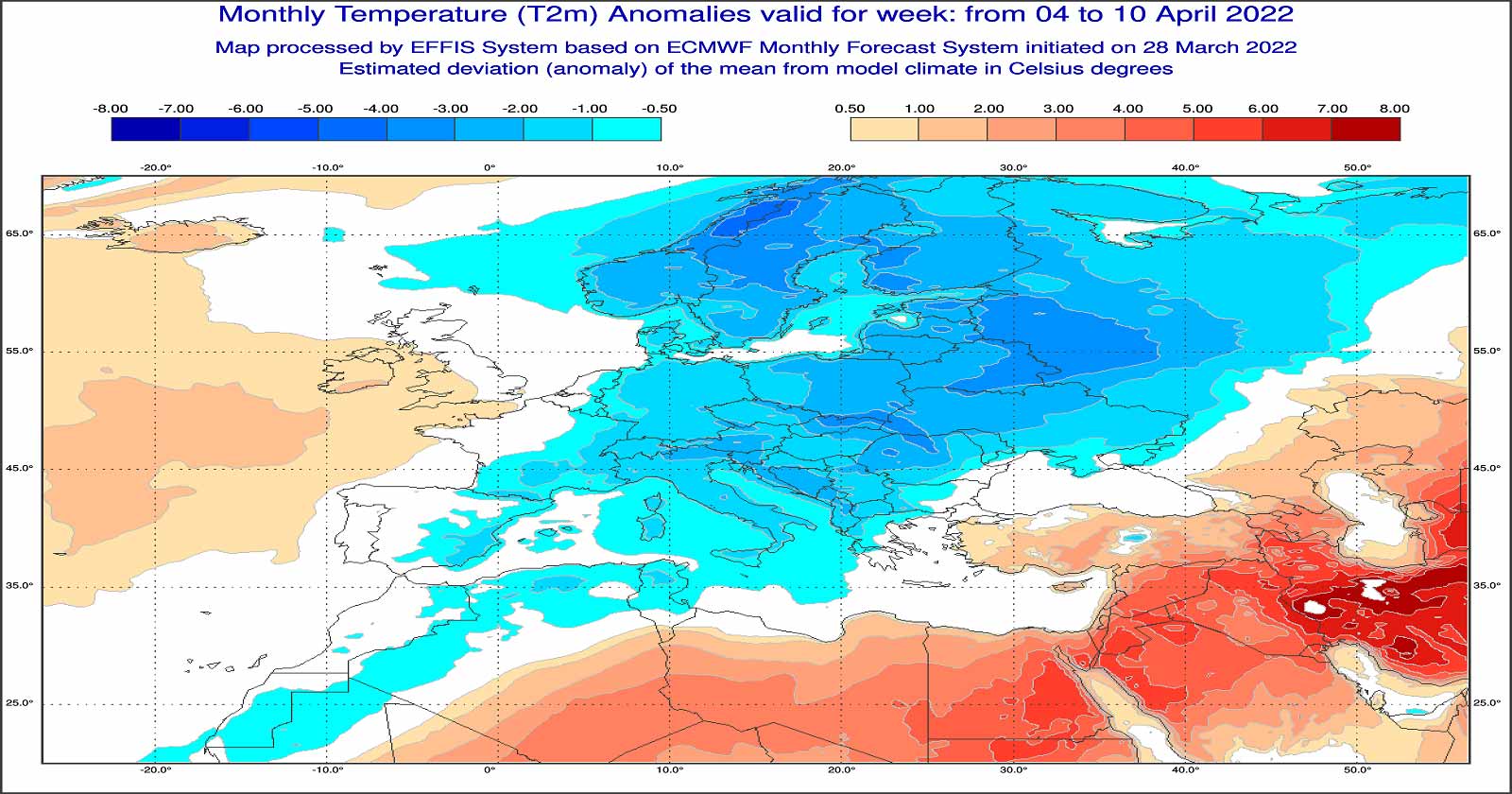 Anomalie di temperatura previste tra il 4 e il 10 aprile - effis.jrc.ec.europa.eu