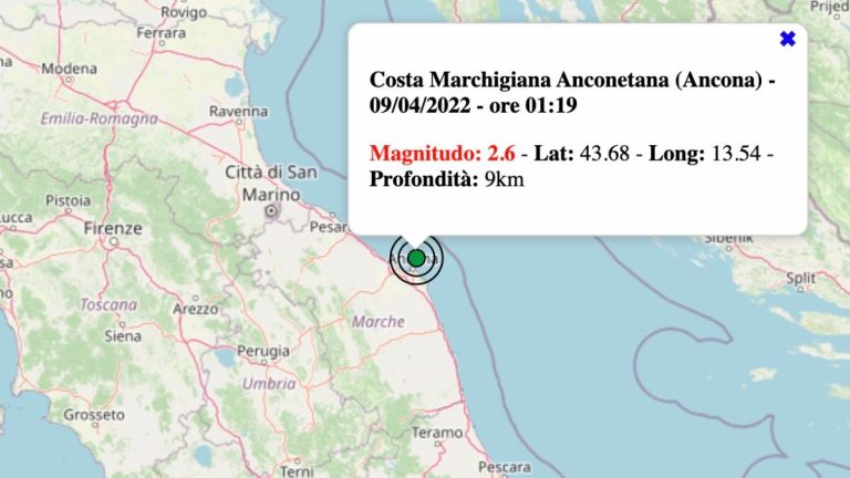 Terremoto nelle Marche oggi, sabato 9 aprile 2022: scossa M 2.6 Costa Marchigiana Anconetana – Dati INGV Terremoto nelle Marche oggi, sabato 9 aprile 2022: scossa M 2.6 Costa Marchigiana Anconetana – Dati INGV