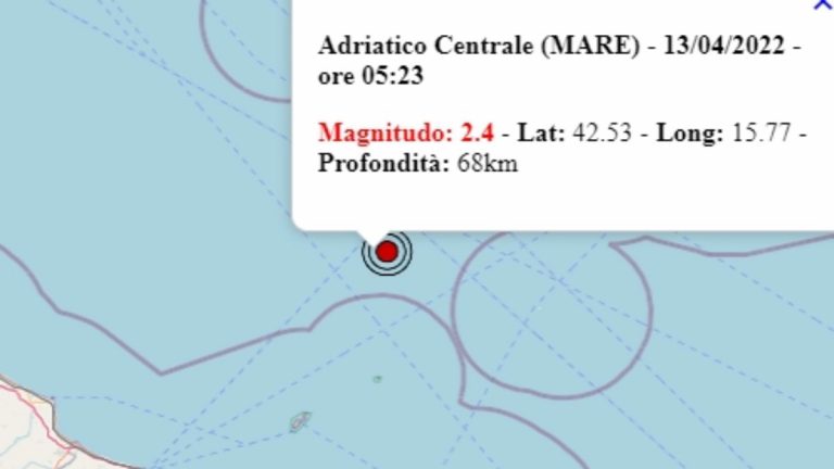 Terremoto in Italia oggi, 13 aprile 2022: scossa M 2.4 Mar Adriatico centrale | Dati INGV Terremoto in Italia oggi, 13 aprile 2022: scossa M 2.4 Mar Adriatico centrale | Dati INGV