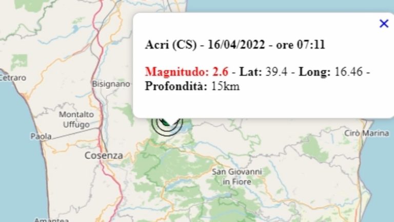 Terremoto in Calabria oggi, 16 aprile 2022, scossa M 2.6 in provincia di Cosenza | Dati Ingv