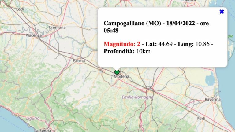 Terremoto in Emilia-Romagna oggi, lunedì 18 aprile 2022: scossa M 2.0 in provincia di Modena | Dati INGV