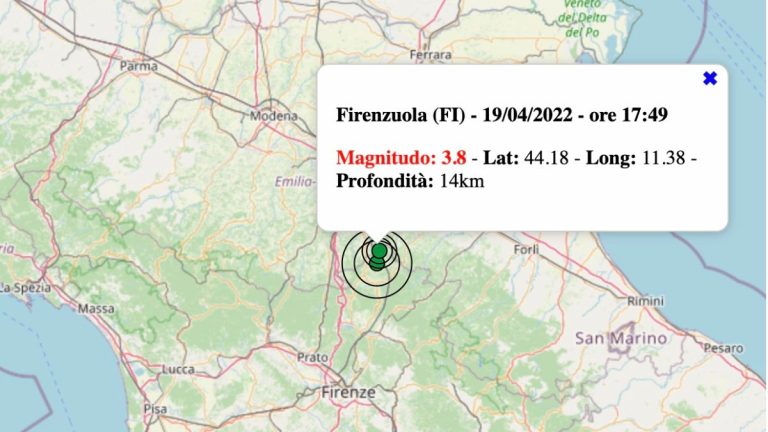 Terremoto in Toscana oggi, martedì 19 aprile 2022: scossa M 3.8 in provincia di Firenze | Dati INGV