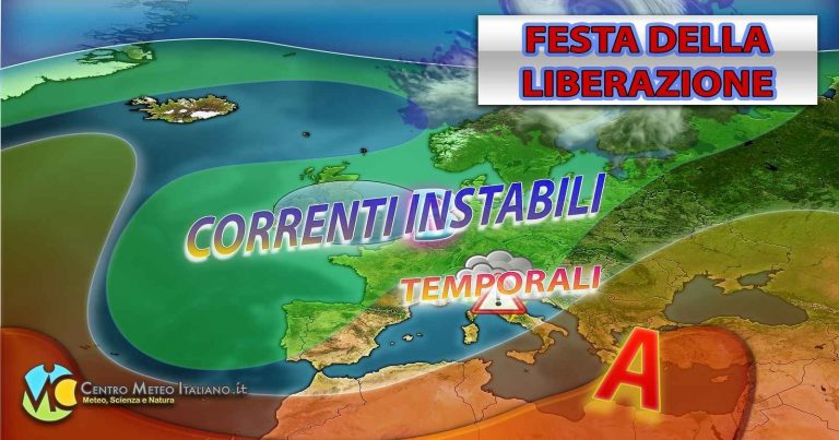 METEO – 25 Aprile ancora ACQUAZZONI e TEMPORALI al Centro-Nord, BEL TEMPO al Sud con TEMPERATURE PRIMAVERILI