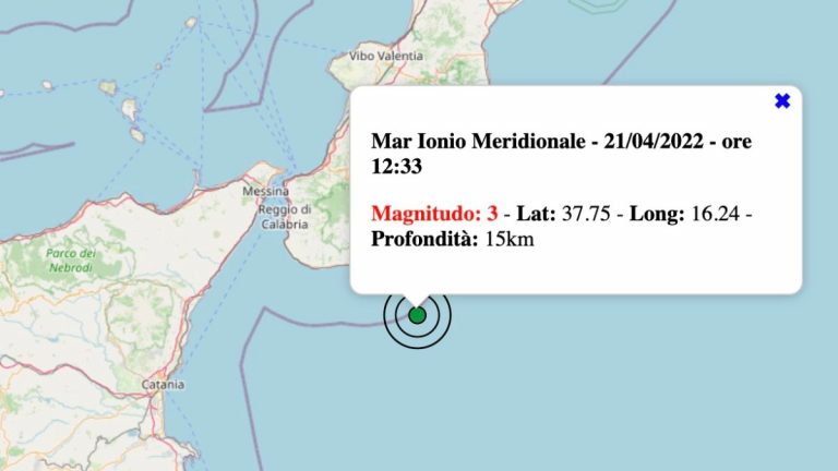 Terremoto Italia oggi, giovedì 21 aprile 2022: scossa M 3.0 Mar Ionio Meridionale | Dati INGV Terremoto Italia oggi, giovedì 21 aprile 2022: scossa M 3.0 Mar Ionio Meridionale | Dati INGV