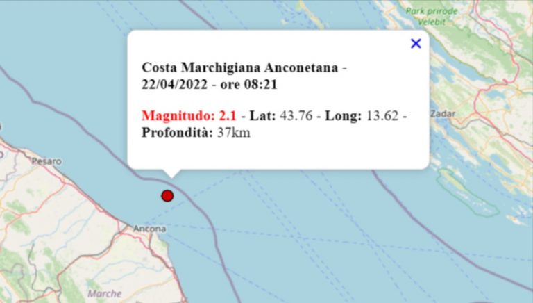 Terremoto oggi Marche, 22 aprile 2022: scossa M 2.1 in provincia di Ancona – Dati INGV