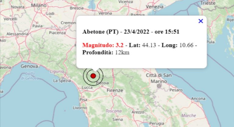 Terremoto oggi Toscana, 23 aprile 2022: scossa M 3.2 in provincia Pistoia – Dati INGV Terremoto oggi Toscana, 23 aprile 2022: scossa M 3.2 in provincia Pistoia – Dati INGV