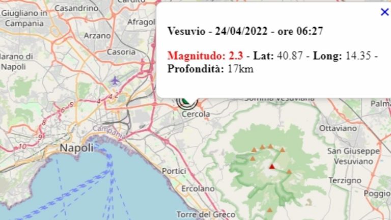 Terremoto in Campania oggi, 24 aprile 2022, scossa di M 2.3 sulla zona vesuviana – Dati Ingv