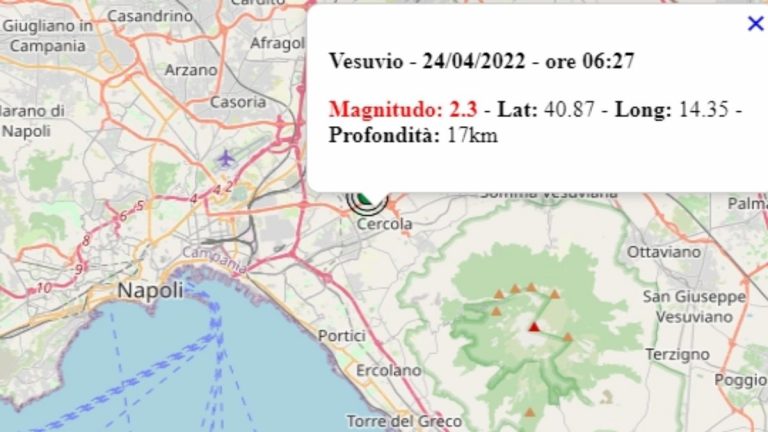 Terremoto in Campania oggi, 24 aprile 2022, scossa di M 2.3 sulla zona vesuviana – Dati Ingv Terremoto in Campania oggi, 24 aprile 2022, scossa di M 2.3 sulla zona vesuviana – Dati Ingv