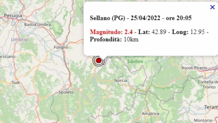 Terremoto in Umbria oggi, 25 aprile 2022, scossa M 2.4 in provincia di Perugia – Dati Ingv