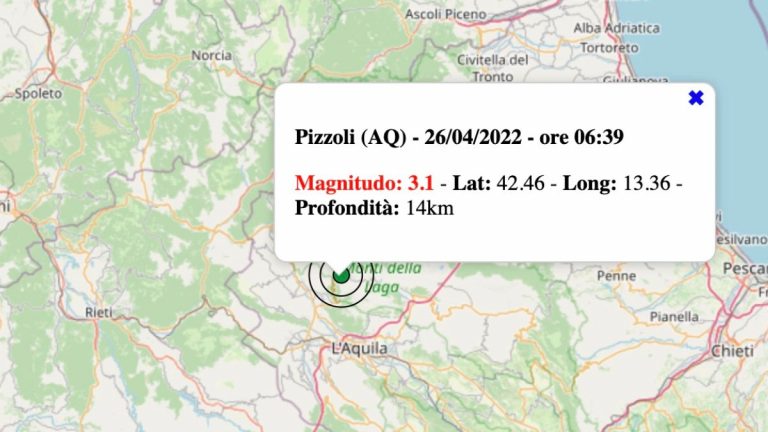 Terremoto in Abruzzo oggi, martedì 26 aprile 2022: scossa M 3.1 in provincia de L’Aquila | Dati INGV