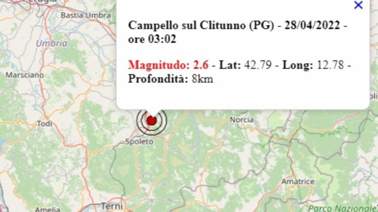 Terremoto in Umbria oggi, 28 aprile 2022: scossa M 2.6 in provincia di Perugia | Dati Ingv
