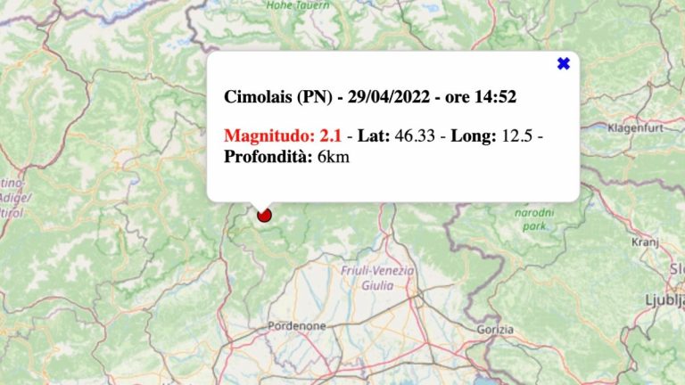 Terremoto in Friuli-Venezia Giulia oggi, venerdì 29 aprile 2022: scossa M 2.1 in provincia di Pordenone | Dati INGV