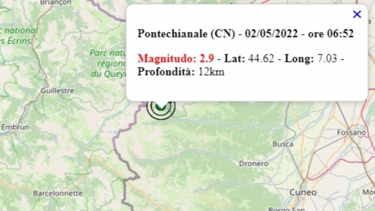 Terremoto in Piemonte oggi, 2 maggio 2022: scossa M 2.9 in provincia di Cuneo | Dati INGV