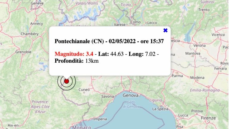 Terremoto in Piemonte oggi, lunedì 2 maggio 2022: scossa M 3.4 in provincia di Cuneo | Dati INGV