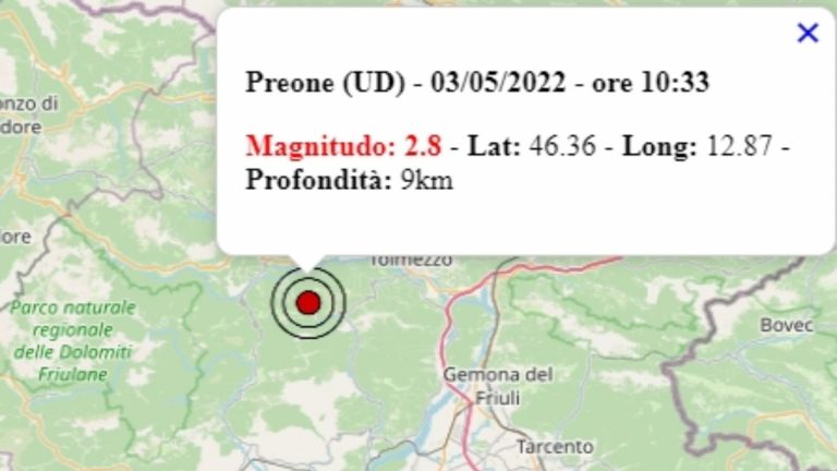 Terremoto in Friuli Venezia Giulia oggi, 3 maggio 2022, scossa M 2.8 in provincia di Udine | Dati Ingv