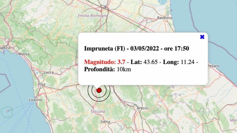 Terremoto in Toscana oggi, martedì 3 maggio 2022: scossa M 3.7 avvertita in provincia di Firenze | Dati INGV