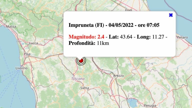Terremoto in Toscana oggi, mercoledì 4 maggio 2022: scossa M 2.4 in provincia di Firenze – Dati INGV