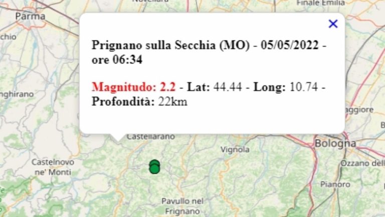 Terremoto in Emilia Romagna oggi, giovedì 5 maggio 2022, scossa M 2.2 in provincia di Modena | Dati Ingv