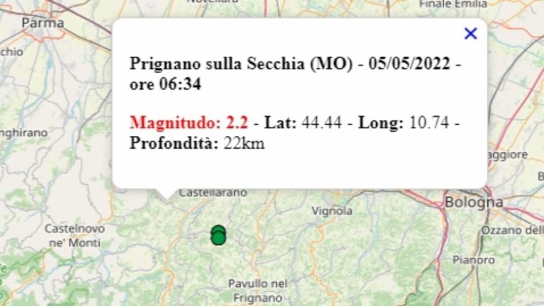 Terremoto in Emilia Romagna oggi, giovedì 5 maggio 2022, scossa M 2.2 in provincia di Modena | Dati Ingv Terremoto in Emilia Romagna oggi, giovedì 5 maggio 2022, scossa M 2.2 in provincia di Modena | Dati Ingv
